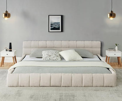KEIKI California King Thick Chenille Platform Bed Frame with Upholstered Tufted Headboard, Modern Solid Wood Floor Platform for Bedroom, No Box Spring Needed