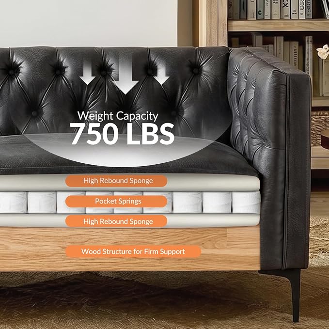 HULALA HOME 84" W Faux Leather Sofa Couch with Metal Legs, Button-Tufted 3-Seater Sofa, Mid Century Modern Contemporary Upholstered Couch for Living Room, Apartment, Charcoal