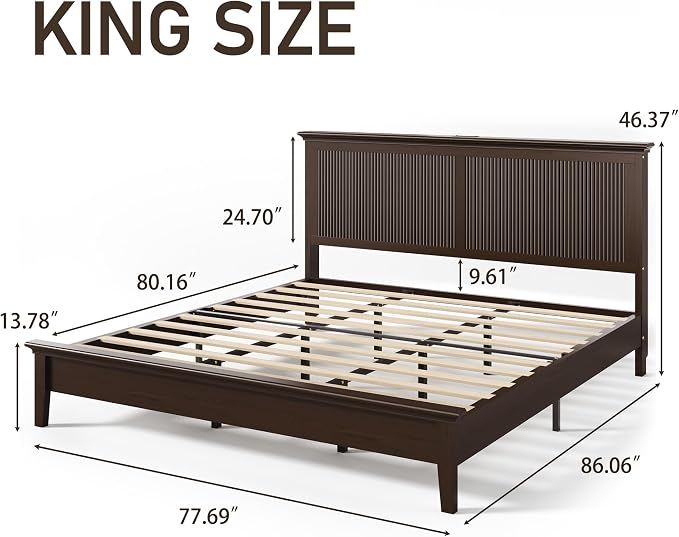 Lifezone King Bed Frame with Headboard, Solid Wood Bed Frame King Size with Charging Station & RGB LED, Wood Slats Support, Noise-Free, Sturdy Structure, Easy Assembly, Walnut