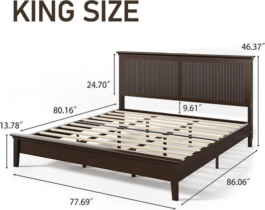 Lifezone King Bed Frame with Headboard, Solid Wood Bed Frame King Size with Charging Station & RGB LED, Wood Slats Support, Noise-Free, Sturdy Structure, Easy Assembly, Walnut