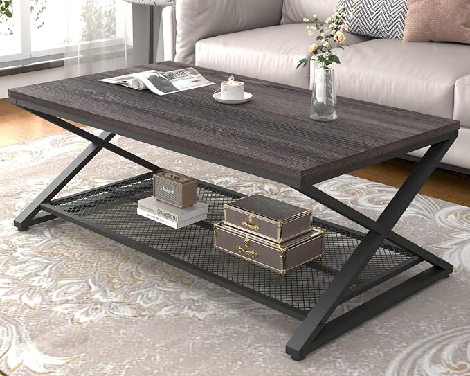 LVB Industrial Grey Coffee Table, Wood Metal 2 Tier Center Table with Storage, Rectangular Low Cocktail Table for Living Room, Farmhouse Concrete Tables for Home Office Bedroom, Dark Gray Oak, 47 Inch
