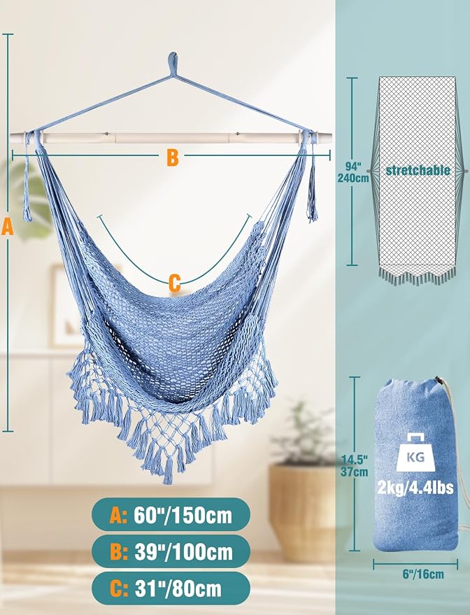 Chihee Hammock Chair Handmade Hanging Chair Cotton Rope Woven Hanging Seat Soft-Spun Large Stretch Hammock Swing, Collapsible Strong Metal Spreader Bar Elegant Macrame Comfort Indoor Outdoor Garden