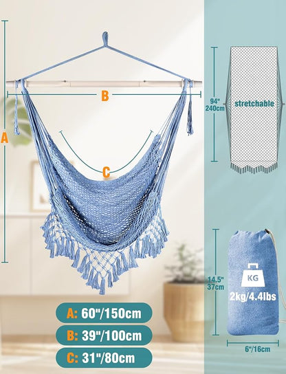 Chihee Hammock Chair Handmade Hanging Chair Cotton Rope Woven Hanging Seat Soft-Spun Large Stretch Hammock Swing, Collapsible Strong Metal Spreader Bar Elegant Macrame Comfort Indoor Outdoor Garden