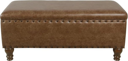 HomePop Large Storage Bench with Nailhead Trim - Distressed Brown Faux Leather