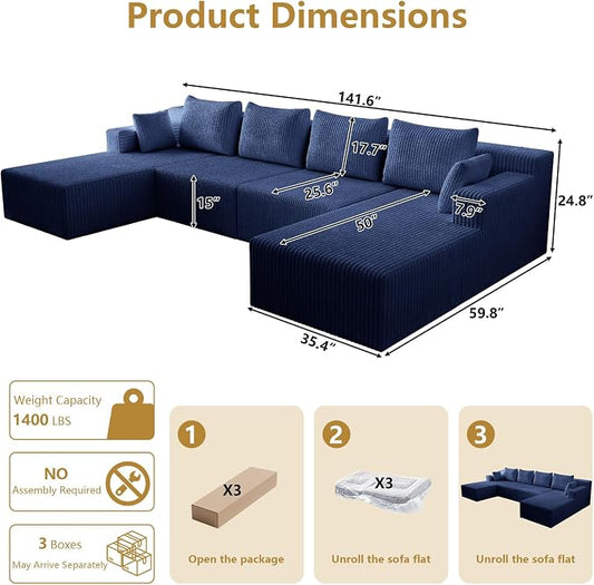 142" Oversized Cloud Modular Sectional Sofa Boneless Couches with Double Chaise Lounge and Deep Seat, Fluffy Corduroy Upholstered Compressed Lounge Sofa & Couches for Living Room