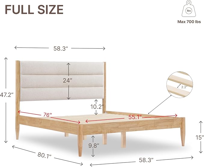 KISLOT Wood Bed Frame with Upholstered Headboard Wooden Platform with Silent Slat Support Mattress Foundation No Box Spring Needed, Easy Assembly