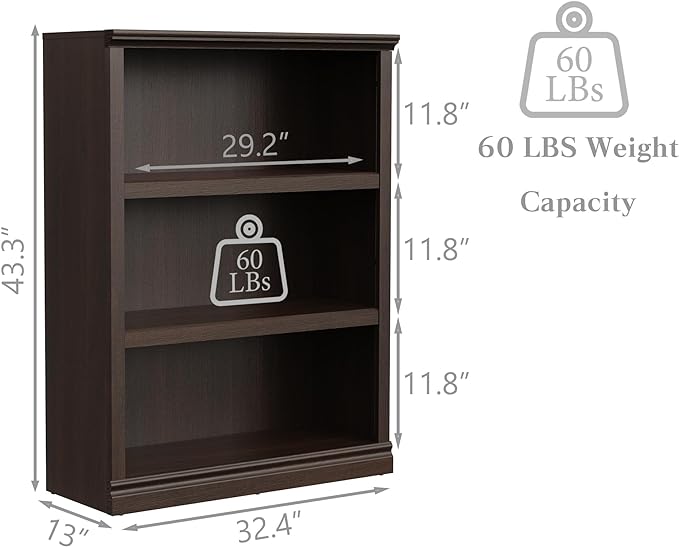 Bevfint 43 in Tall Bookcase, 3-Tier Bookshelf Open Storage, 33 inch Wide Floor Standing Indoor Furniture, Book Cases for Home School Library Office Bedroom Kids, Dark Cherry 3 Tiers