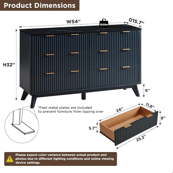 T4TREAM Fluted 6 Drawers Dresser, 54" Wide Modern Chest of Drawers with Faux Marble Top, Curved Profile Design, Dresser TV Stand, Wood Drawer Organizer for Bedroom, Living Room, Hallway, Dark Grey