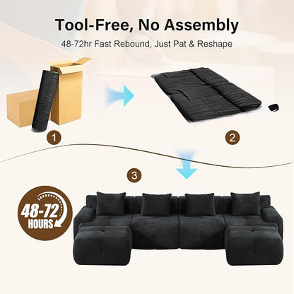 135" Cloud Couch Sectional with 2 Ottoman, U-Shaped Boneless Sofa,Modern Modular Couch, Pineapple Grid Fabric with Foam & Spring Filling for Living Room, No Assembly Required (Black, 4seates)