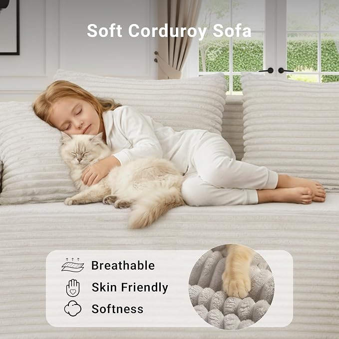 Claiks Boneless Couch, Cloud Couch Sectional, L-Shape Corduroy Modular Sectional Sofa Deep Seat, Upholstered Couches for Living Room, No Assembly Required, Beige, Right Facing Chaise