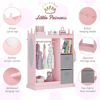 UTEX Kids Armoire Wardrobe Closet with Mirror and Storage Bin, Pink, 33.4 in W x 15.75 in D x 44.5 in H | See and Store Kids Wardrobe, Toddler Dress Up Rack, Open Hanging Armoire Closet, Water-based Paint, Princess Style
