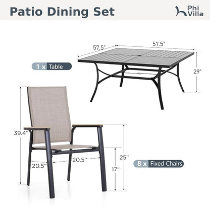 PHI VILLA 9 PCS Patio Dining Set, Aluminum Outdoor Furniture, Patio Table and Chairs for 8, Lightweight Stackable Chairs with Breathable Fabric and Large Square Metal Table for Garden Yard Deck, Beige