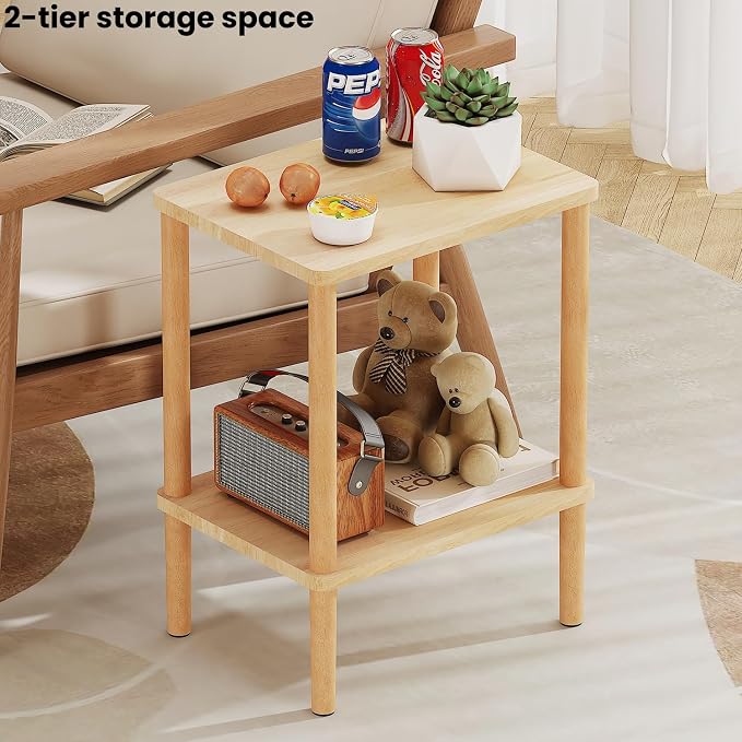 Solid Wood Side Table, Small End Table, Narrow Nightstand Bedside Table | 2-Tiers Real Oak Wood Table for Small Spaces, Bedroom, Living Room, Farmhouse, No-Tool Assembly.