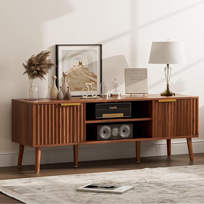 LCRBOL TV Stand with Fluted Doors for TVs up to 65", Mid-Century, Walnut | 54.3"W x 15.3"D x 19.6"H, 150 lbs capacity, 2 fluted door cabinets & 2 adjustable shelves, cable holes, 5 tapered legs