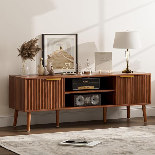 LCRBOL TV Stand with Fluted Doors for TVs up to 65", Mid-Century, Walnut | 54.3"W x 15.3"D x 19.6"H, 150 lbs capacity, 2 fluted door cabinets & 2 adjustable shelves, cable holes, 5 tapered legs