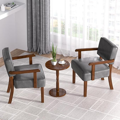 FAGAGA Accent Chair Set of 2 with Table, PU Leather Oversized Living Room Chairs with Soft Seat and Armrests, Armchair for Bedroom, Dinning, Reading and Waiting Rooms (Leather Gray)