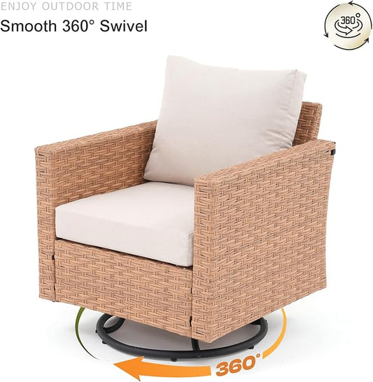 SUNSITT Patio Swivel Chair Set of 2, Wicker Swivel Chairs Outdoor Seating Furniture with Thick Comfy Cushions, for Porch, Balcony, Deck, Natural Rattan Color