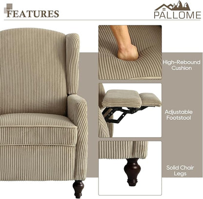 Upholstered Wingback Recliner Chair, Cozy Corduroy Manual Push Back Recliner for Living Room, Bedroom (2, Khaki)