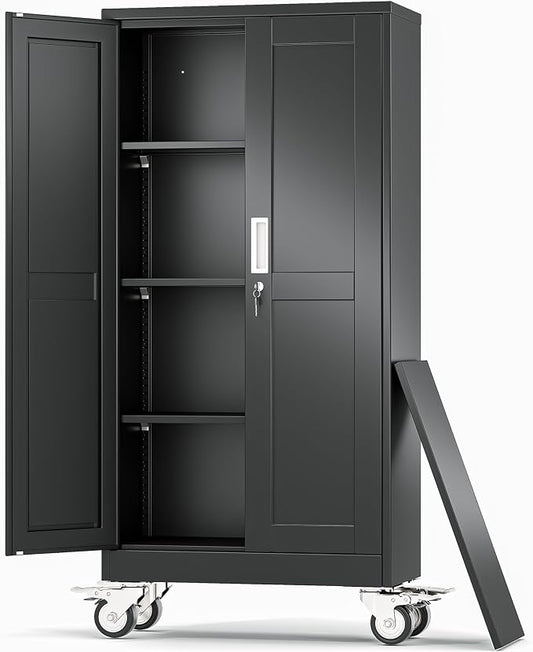 Metal Garage Storage Cabinet, 61”Tall Rolling Utility Cabinet Black | storage system with Wheels, Lock, 3 Adjustable Shelves, Heavy Duty Steel Tool Locker for Home Office, Utility Room, Gym