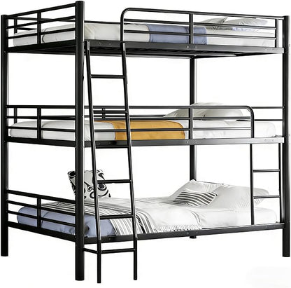 Metal Triple Bunk Bed,Twin Over Twin Bunk Bed for 3, 3 Beds with Guardrail and Ladder, Heavy Duty Triple Bed Frame Suitable for Teenagers/Adults, No Box Spring Needed (Black D)