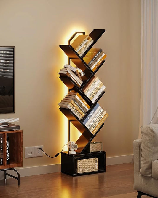 Casaottima 6-Tier Tree Bookshelf — Narrow Floor Standing Bookcase, Tall Steel & Wood Book Organizer Shelf with Cabinet, Home Decor for Living Room/Bedroom/Home Office, Black