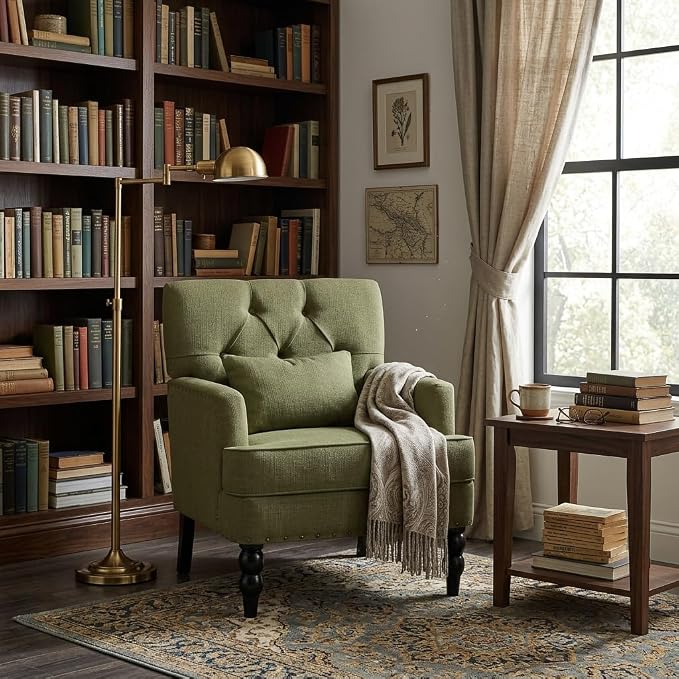 HUIMO Accent Chair for Living Room, Tufted Upholstered Club Chair with Lumbar Pillow, Vintage Reading Armchair with Solid Wood Legs for Bedroom Apartment, Olive Green