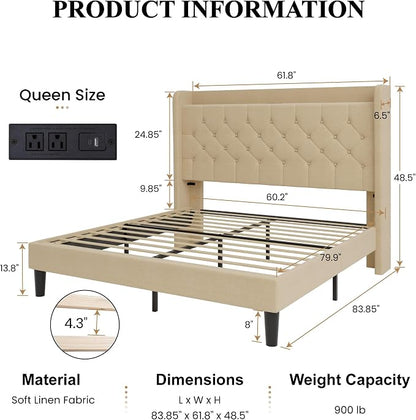 SHA CERLIN Queen Size Platform Bed Frame with Charging Station, Linen Wingback Headboard with Storage Shelf, Wooden Slats Support, Ample Under-Bed Space, No Box Spring Needed, Easy Assembly, Beige