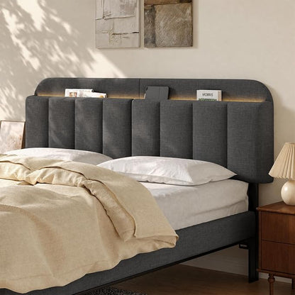 Adjustable Headboard for King/California King Size Bed Frame, Linen Fabric Bed Headboard with Storage & RGB LED Light in Modern Vertical Channel Design, Dark Grey