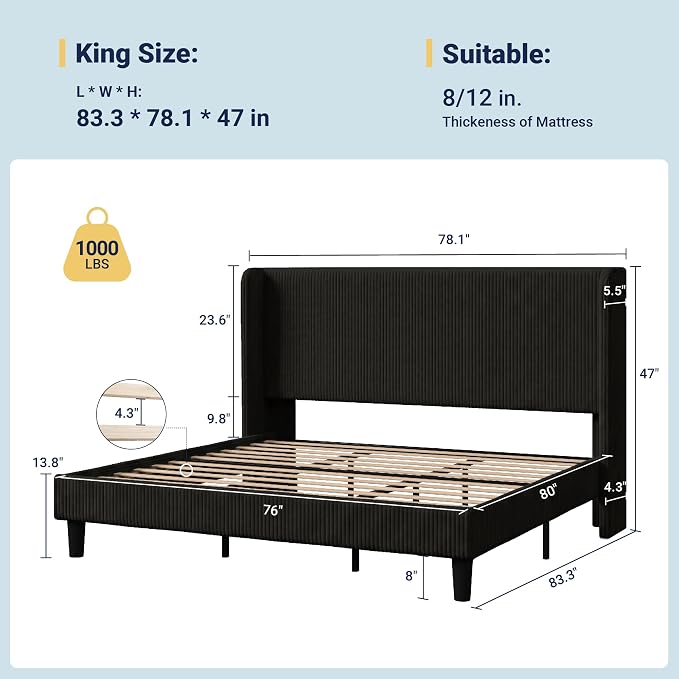 Allewie King Size Bed Frame with Upholstered Wingback Headboard, Vertical Channel Tufted Corduroy Velvet Platform Bed, Strong Wooden Slats Support, No Box Spring Needed, Easy Assembly, Black