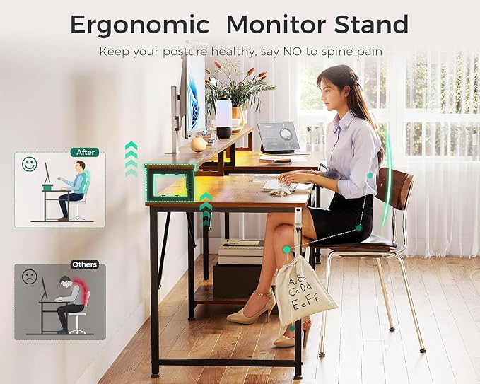 Casaottima 98 Inch 2 Person Gaming Desk with Storage Shelves, Long Double Home Office Computer Writing Desks with USB Charging Port & LED Lights, Monitor Stand, Modern Study/Work Table,Vintage