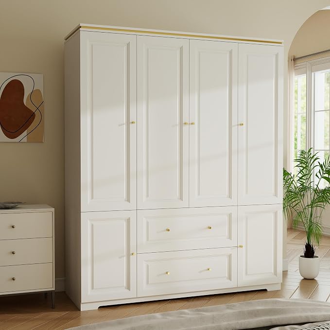 Armoire Wardrobe Closet with Drawers: 74" White Wardrobe Closet with 4 Doors, Tall Bedroom Armoires for Clothes, Wood Closets Cabinet for Hanging Clothes (59")