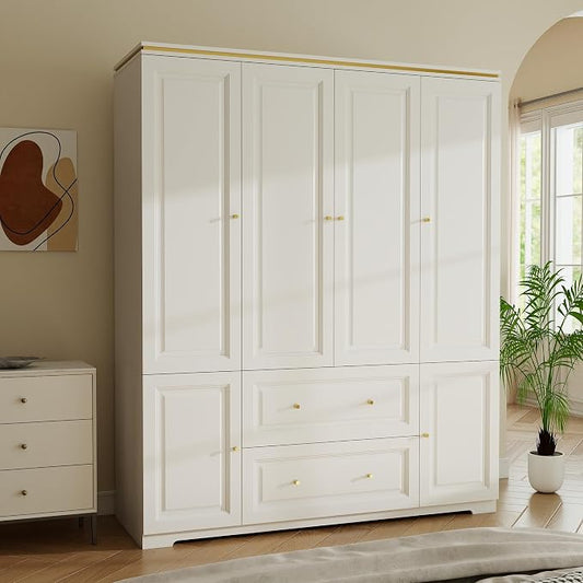 Armoire Wardrobe Closet with Drawers: 74" White Wardrobe Closet with 4 Doors, Tall Bedroom Armoires for Clothes, Wood Closets Cabinet for Hanging Clothes (59")