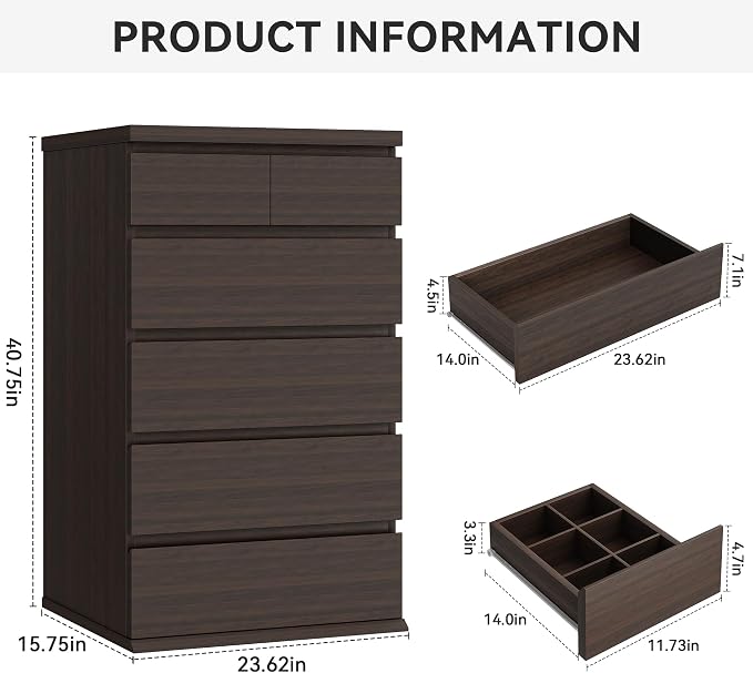 Jocoevol Brown Tall 6 Drawer Dresser for Bedroom,Dressers & Chests of Drawers with Jewelry Storage,Wood Storage Dresser with Deep Drawers for Living Room Hallway Entryway(40.75" L*23.62" W*15.75")