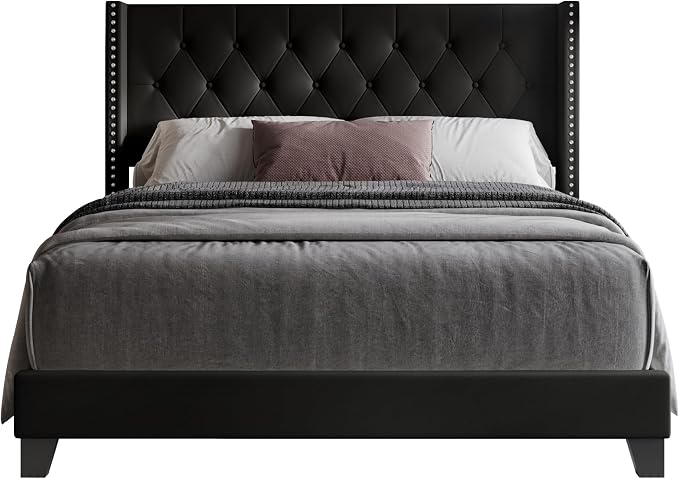 HOME DESIGN Homer King Tufted Wingback Upholstered Panel Bed with 2 Matching 1 Drawer Nightstands, Bedroom Furniture Set with Open Shelf Storage, Black Brown