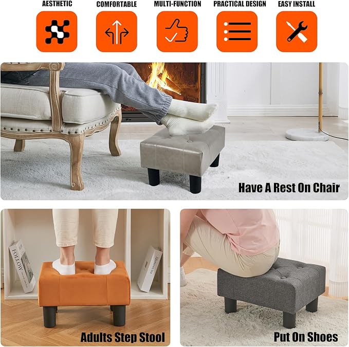BRIAN & DANY Small Foot Stool, Leather Foot Stools with Legs, Stable Small Footstool for Living Room, Grey