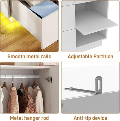 Hlivelood 3 Doors Armoire Wardrobe Closet with Mirror,2 Large Drawers, LED Light Wood Wardrobe Closet, Armoire with Hanging Rod for Bedroom, White
