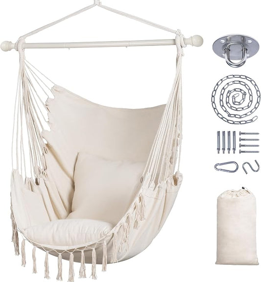 SUNCREAT Hammock Chair Hanging Rope Swing Seat-Max 450lbs Capacity, Extra Large Macrame Hanging Swing with Side Pocket, Two Seat Cushion, Beige