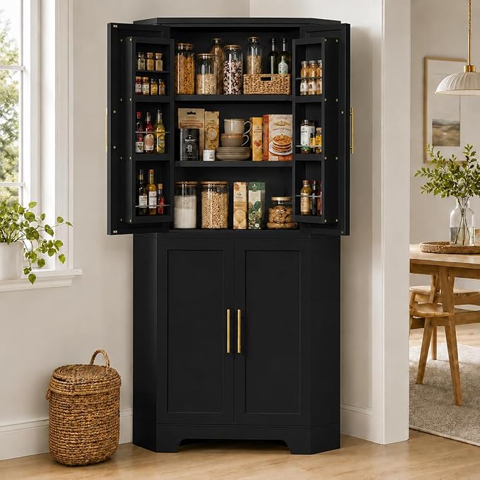 Corner Cabinet, Metal Storage,Kitchen Pantry Cabinet with Adjustable Shelves & Spice Rack, Tall Freestanding Corner Pantry with Shaker Doors & Gold Handles for Kitchen, Bathroom, Living Room (Black)