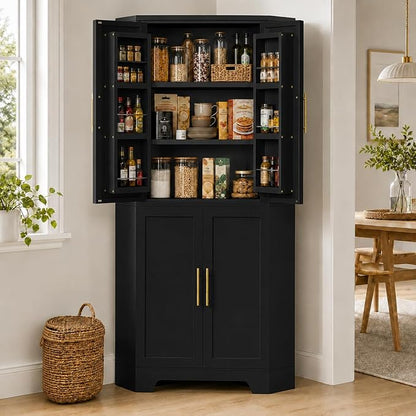 Corner Cabinet, Metal Storage,Kitchen Pantry Cabinet with Adjustable Shelves & Spice Rack, Tall Freestanding Corner Pantry with Shaker Doors & Gold Handles for Kitchen, Bathroom, Living Room (Black)