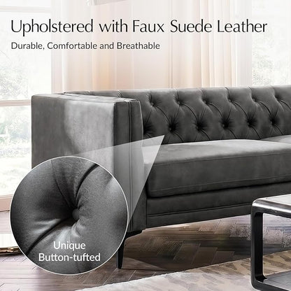 HULALA HOME 84" W Faux Leather Sofa Couch with Metal Legs, Button-Tufted 3-Seater Sofa, Mid Century Modern Contemporary Upholstered Couch for Living Room, Entertainment Area, Apartment,Grey