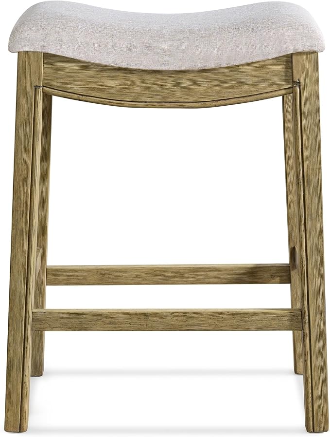 ROME + OAK Set of 2 Parker 26 Inch Counter Stool, Backless Saddle Kitchen Barstool in Natural Finish with Cream Fabric Upholstery Cushion Seat