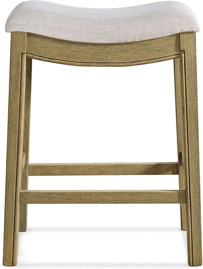 ROME + OAK Set of 2 Parker 26 Inch Counter Stool, Backless Saddle Kitchen Barstool in Natural Finish with Cream Fabric Upholstery Cushion Seat