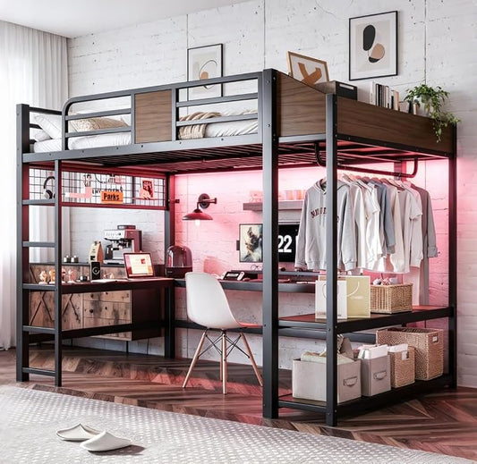Bellemave Full Size Loft Bed with Desk and USB Ports, Clothes Hanging Rod, LED, Metal Full Loft Bed Frame for Adults, Kids, Teens, Black