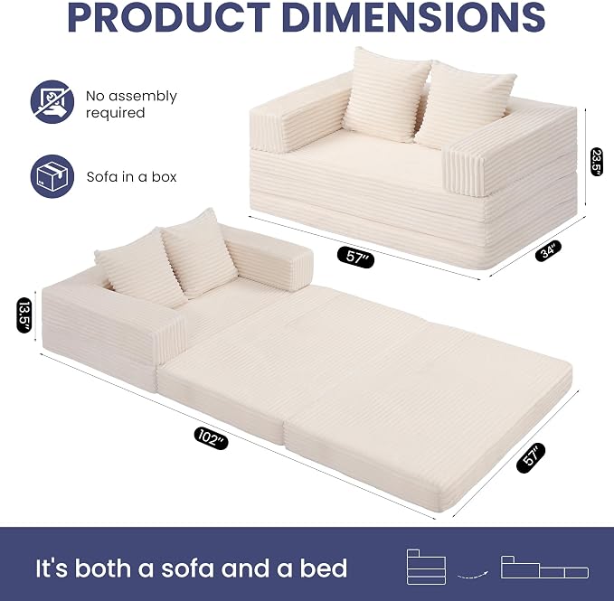 Convertible Sofa Bed, 4-in-1 Boneless Loveseat with Removable Armrests Backrest, Corduroy Futon Couch Bed with Pillow, Foldable Mattress Sleeper Sofa for Living Room Bedroom Small Place (Beige)