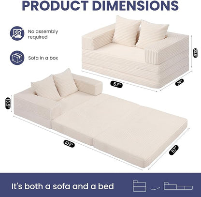 Convertible Sofa Bed, 4-in-1 Boneless Loveseat with Removable Armrests Backrest, Corduroy Futon Couch Bed with Pillow, Foldable Mattress Sleeper Sofa for Living Room Bedroom Small Place (Beige)