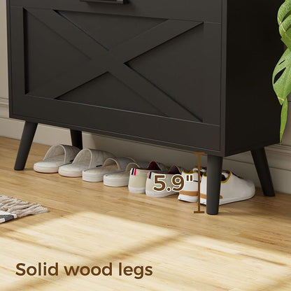 Homleke Farmhouse Shoe Storage Cabinet with Flip Drawers & Barn Door Design | Slim Narrow Shoe Rack Cabinet with Adjustable Shelves & Hidden Storage for Entryway, Foyer, Hallway, Living Room, Black
