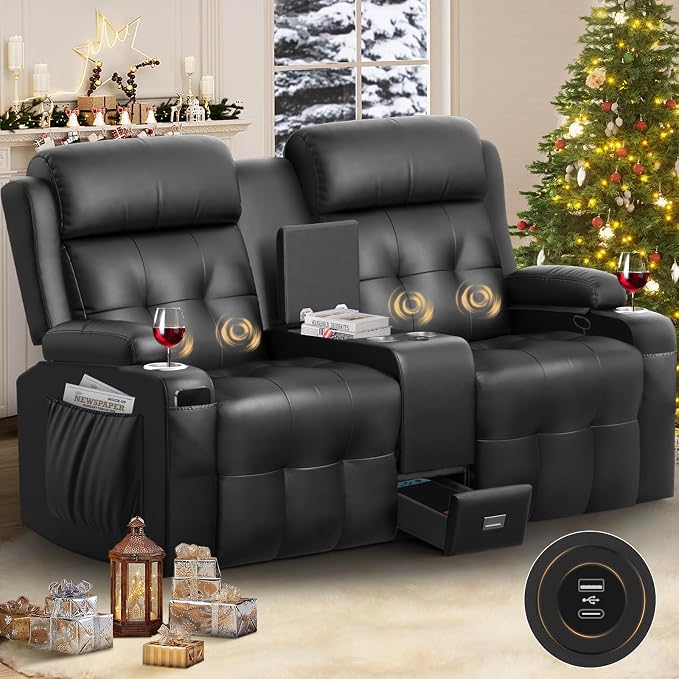 Reclining Loveseat, Massage Loveseat Recliner Sofa Heavy Weight Capacity, RV Love Seat Chair Clearance with Console, USB, Type C Port, Storage, Cup Holders, Wall Hugger Couch for Living Room