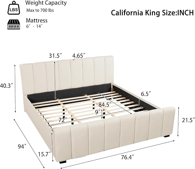Merax California King Upholstered Panel Bed with Curved Headboard, Beige | Thick Linen Headboard and Footboard with Solid Rubberwood Legs for a Refined Bedroom Look