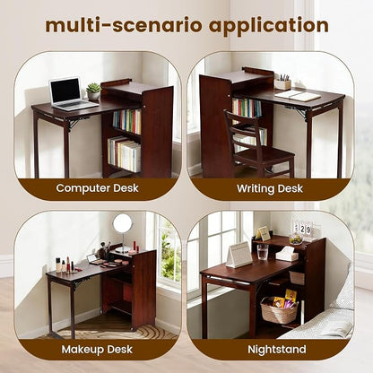 Bamboo Folding Desk with Storage, Mid Century Fold Out Table, Space Saving Foldable Desk for Small Spaces, Multi-Functional Computer Desk for Home Office, Bedroom, Apartment & Dorm