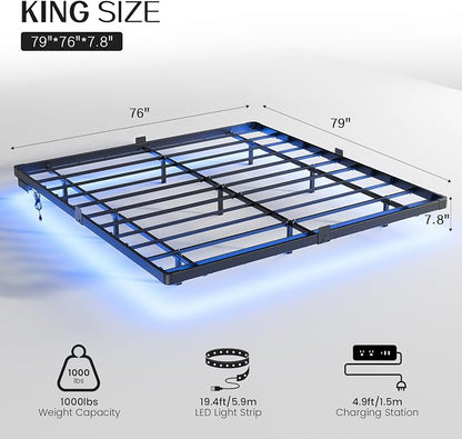 OLEVS King Size Floating Bed Frame, Metal Platform, with LED Light and Charging Station, No Box Spring Needed, Noise-Free, Easy Assembly